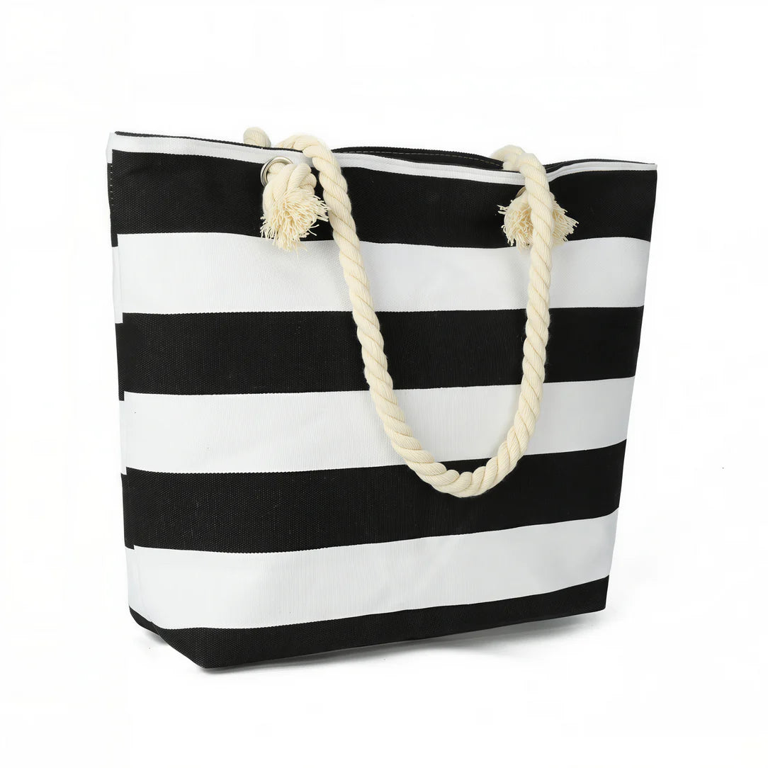 Sac de plage en toile noir et blanc avec poignées en corde pour Marinca
