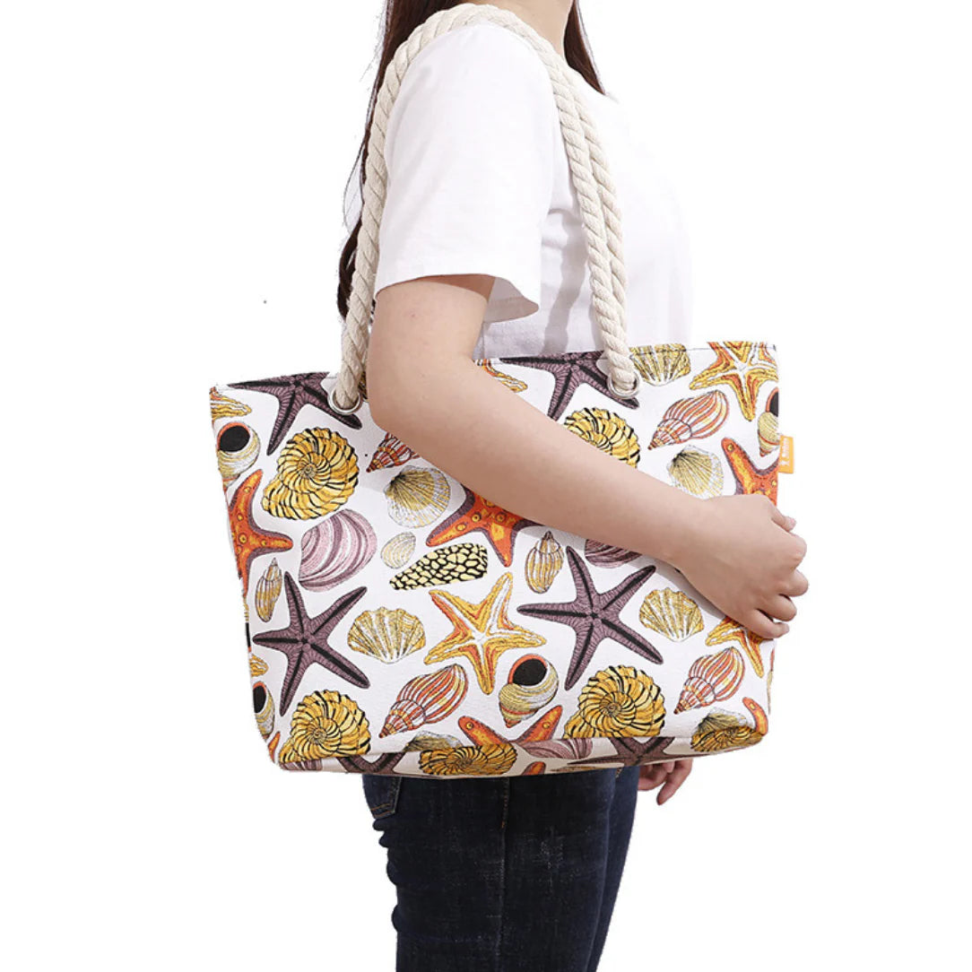 Sac de plage motif coquillage avec poignées en corde pour un style Hawaï authentique