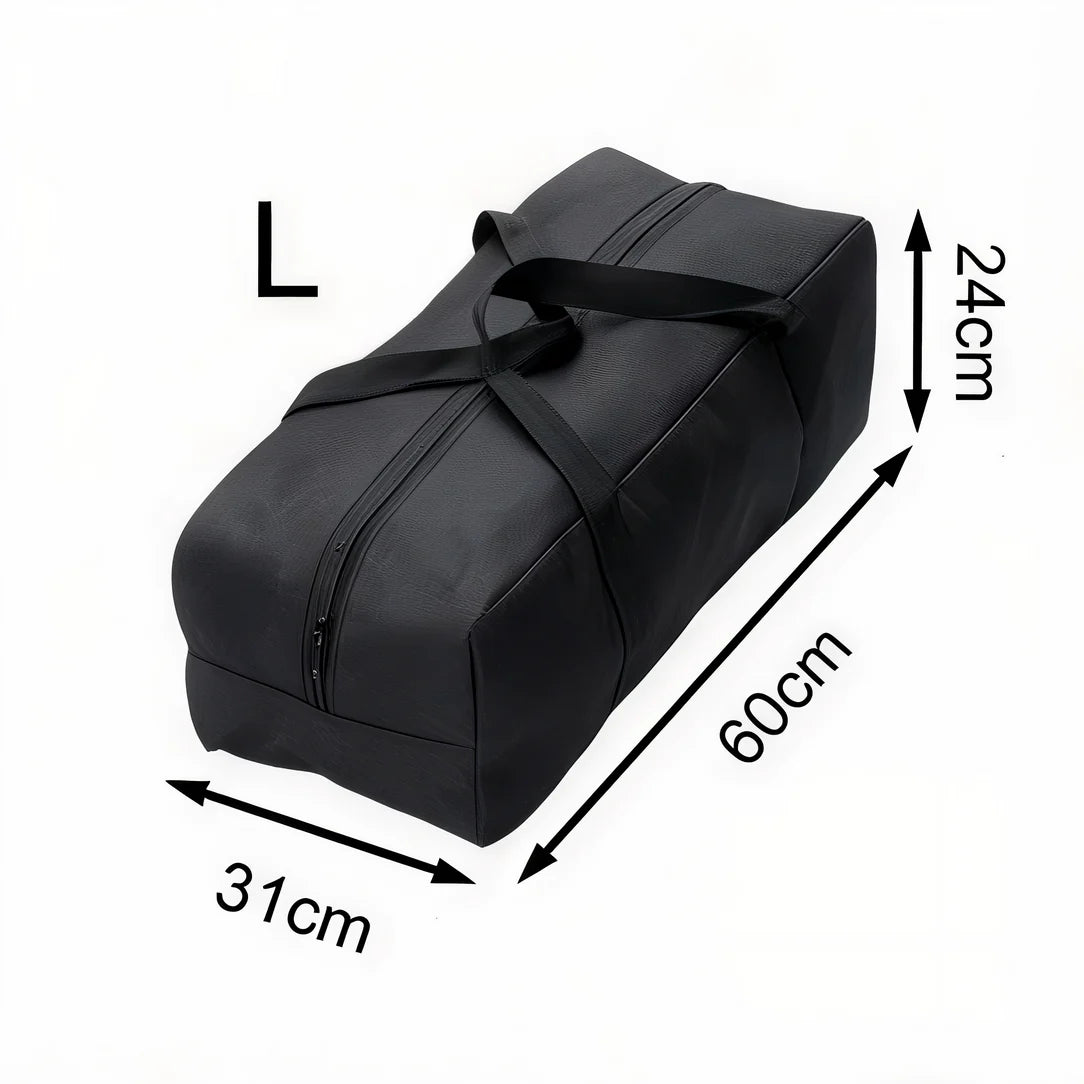 Sac de rangement pour voyage en toile noire avec dimensions illustrées