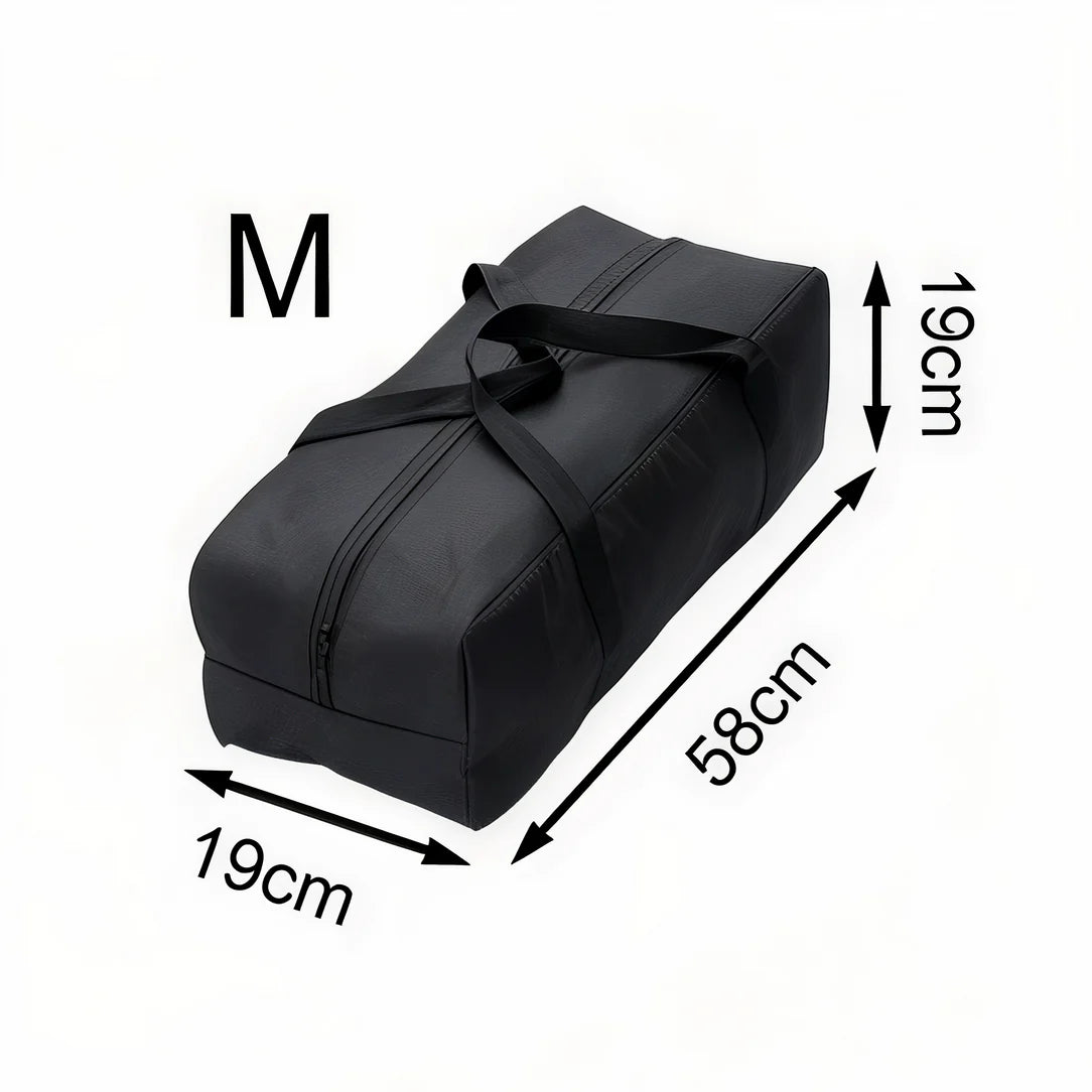 Sac de rangement pour voyage en noir avec dimensions visibles pour stockage facile
