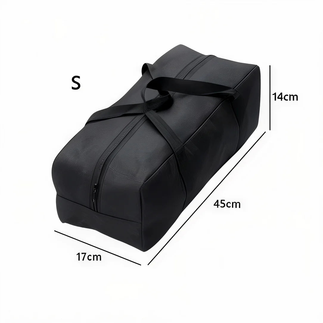 Sac de rangement pour voyage en toile noire avec dimensions visibles