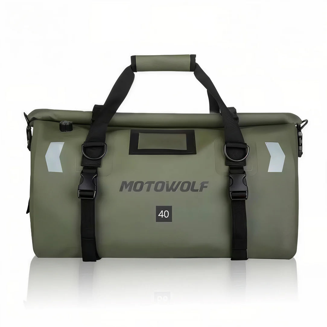 Sac de selle moto étanche en olive green avec bandoulière noire pour selle moto