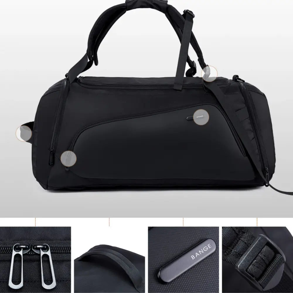 Sac de sport noir avec bandoulières.