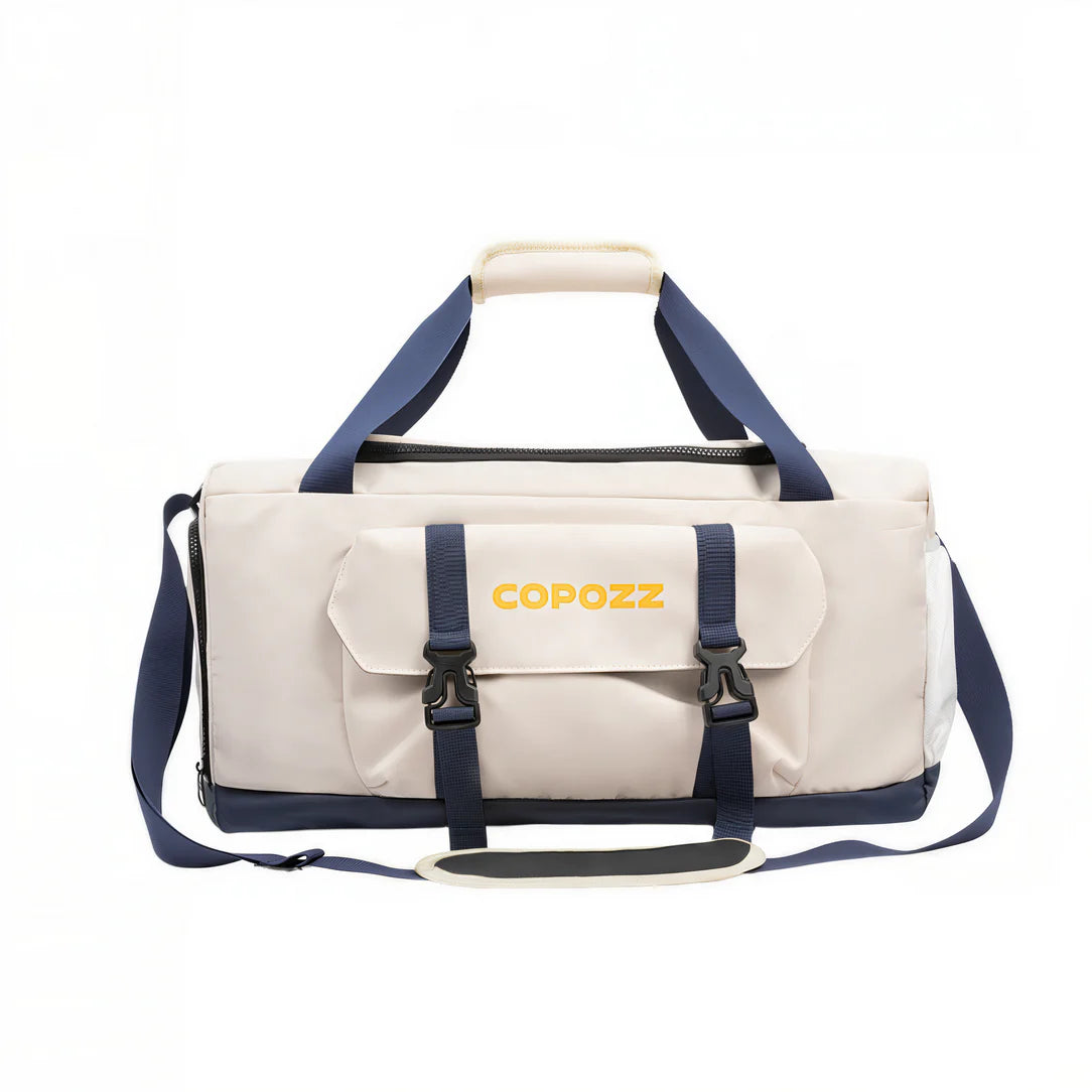 Sac de sport waterproof Copozz avec beige duffel bag et bandes bleues