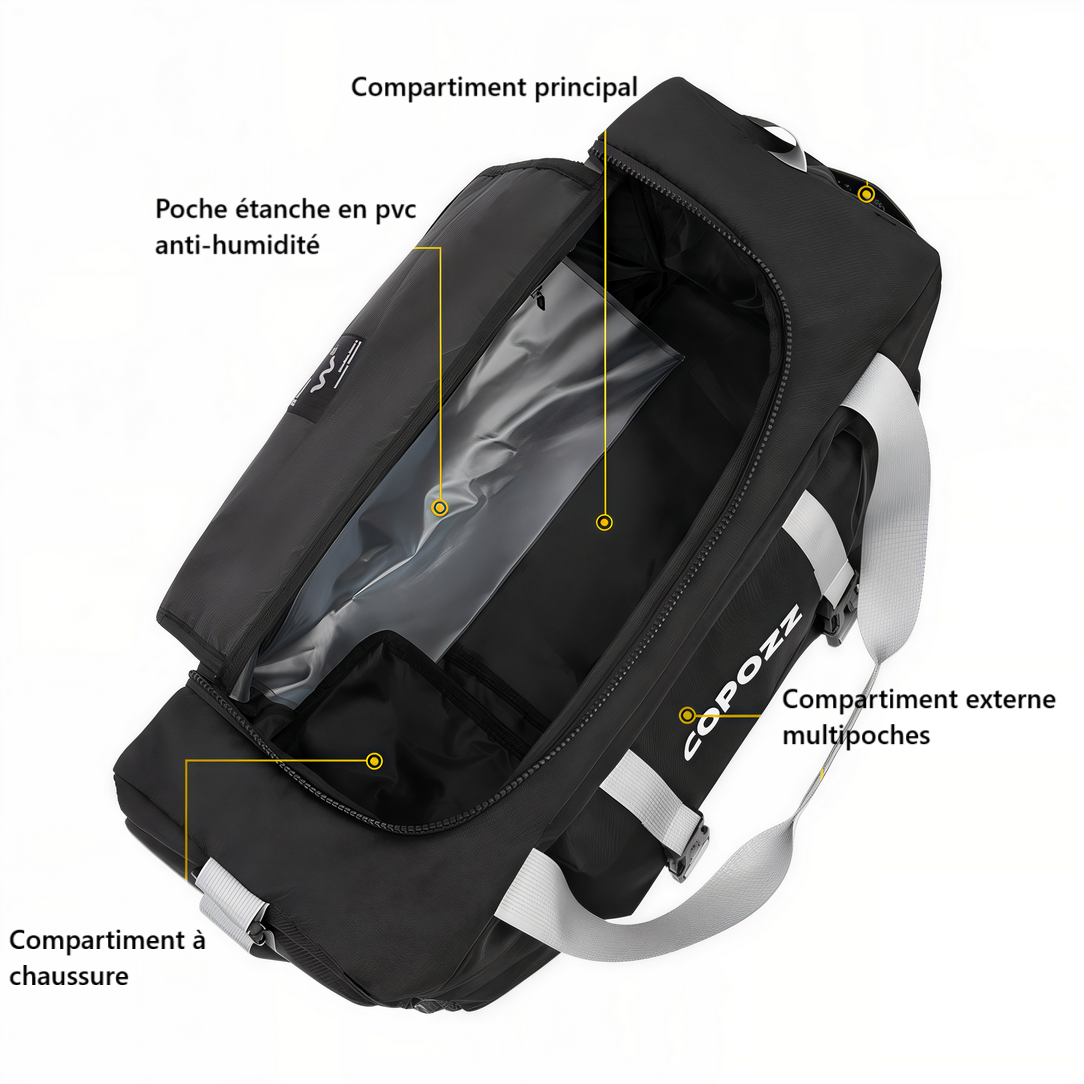 Sac de sport étanche Copozz noir avec plusieurs compartiments ouverts