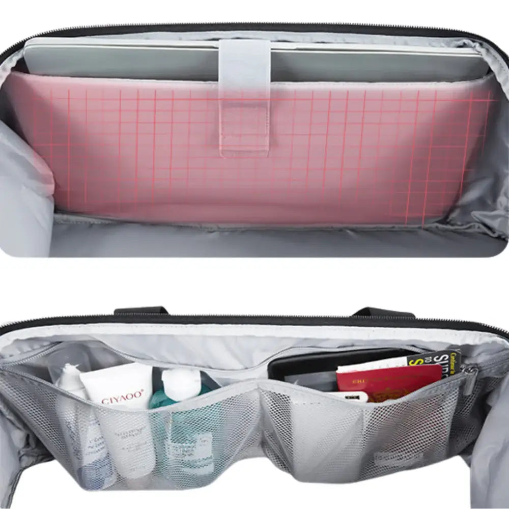 Sac de voyage 40l Travira40 gris et noir ouvert, prêt pour voyager