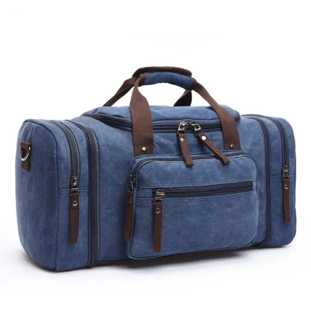 Sac de sport en toile bleue avec des accents bruns.