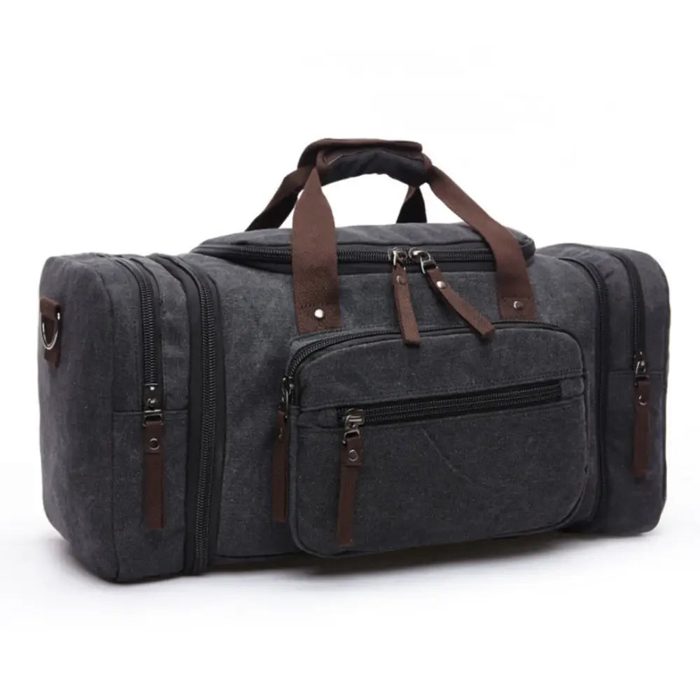Sac de sport en toile grise avec des accents bruns.