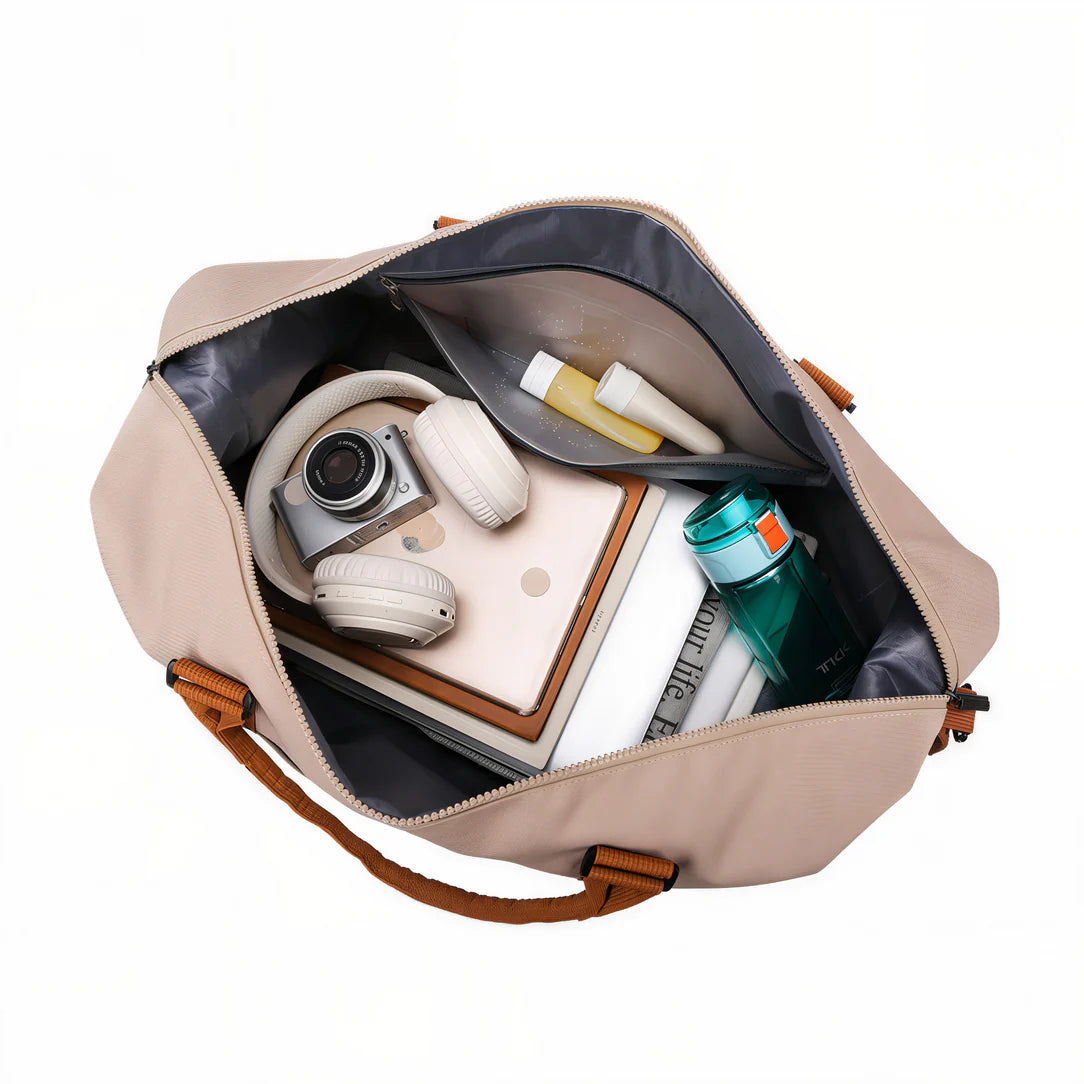 Sac de voyage cabine 45x36x20cm beige avec contenu, parfait pour voyage cabine