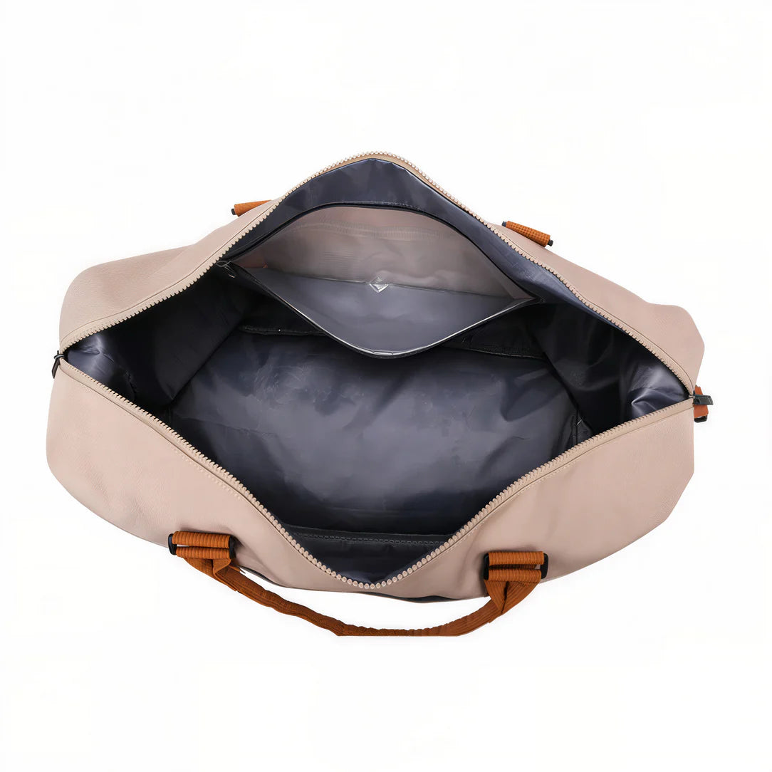 Sac de voyage cabine 45x36x20cm beige ouvert, parfait pour voyage cabine