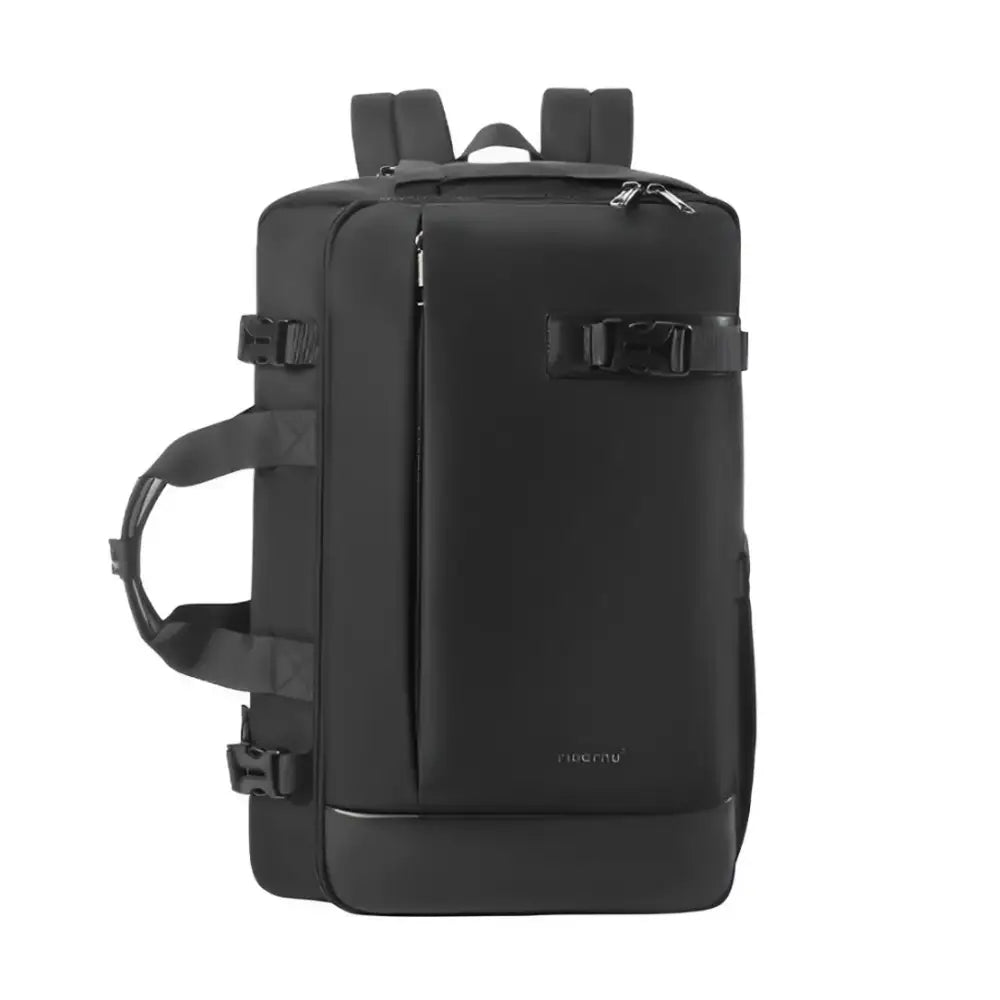 Sac à dos rectangulaire noir avec bretelles.