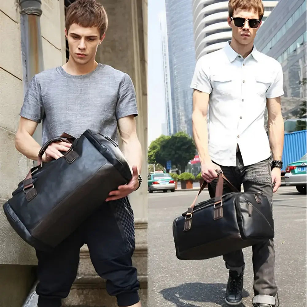 Sac de voyage en cuir vintage OldSmith avec un sac duffel en cuir noir robuste