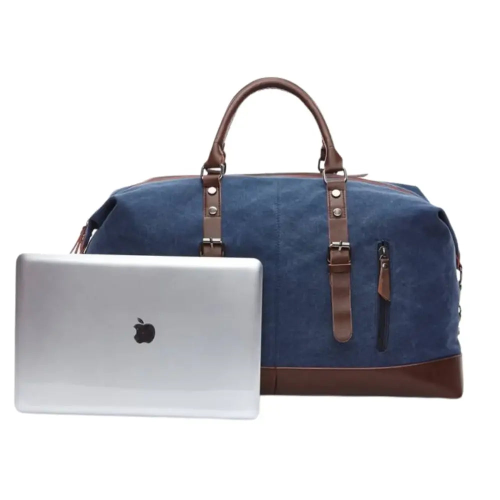 Sac de voyage en tissu Trekon avec duffel bleu et brun et ordinateur portable au dos