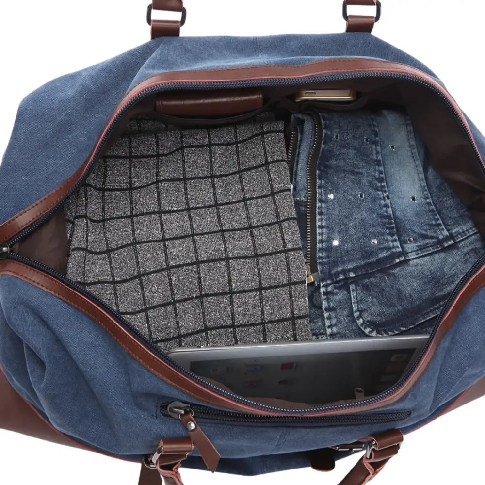 Sac de voyage en tissu Trekon avec un grand sac bleu ouvert pour le rangement