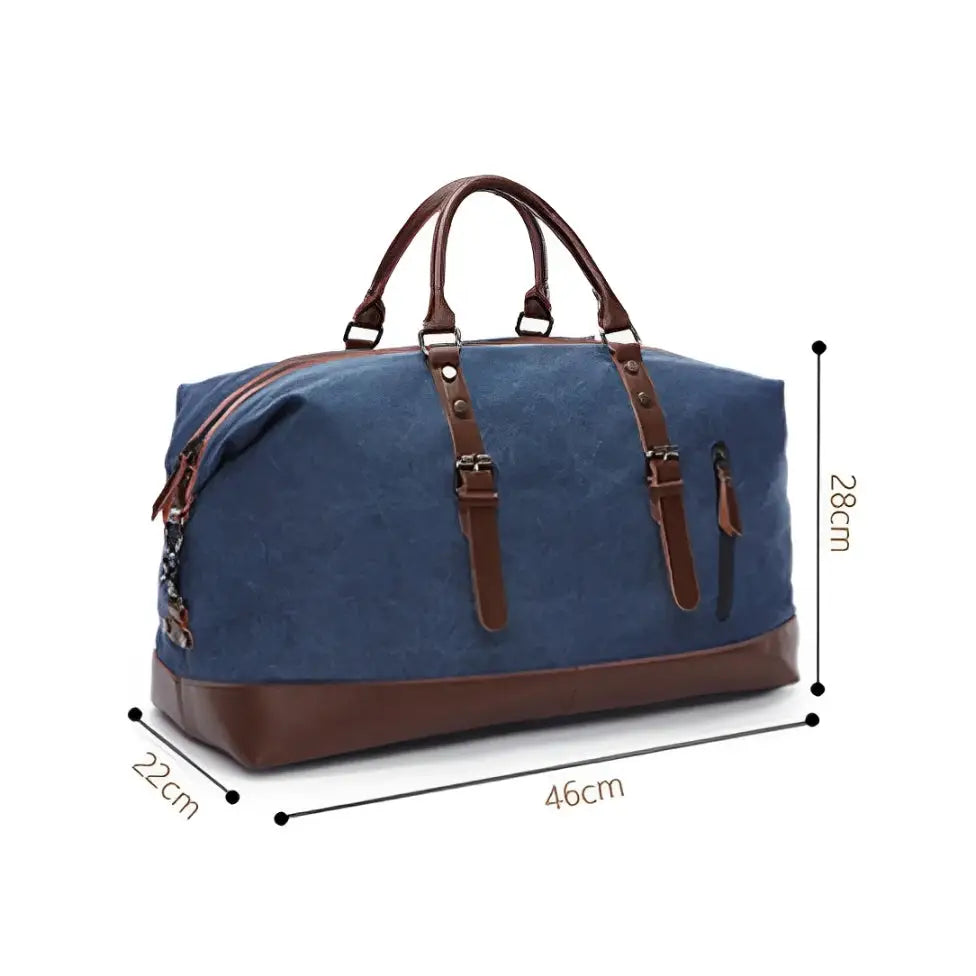 Sac de voyage en tissu Trekon, sac de voyage bleu et marron avec dimensions affichées