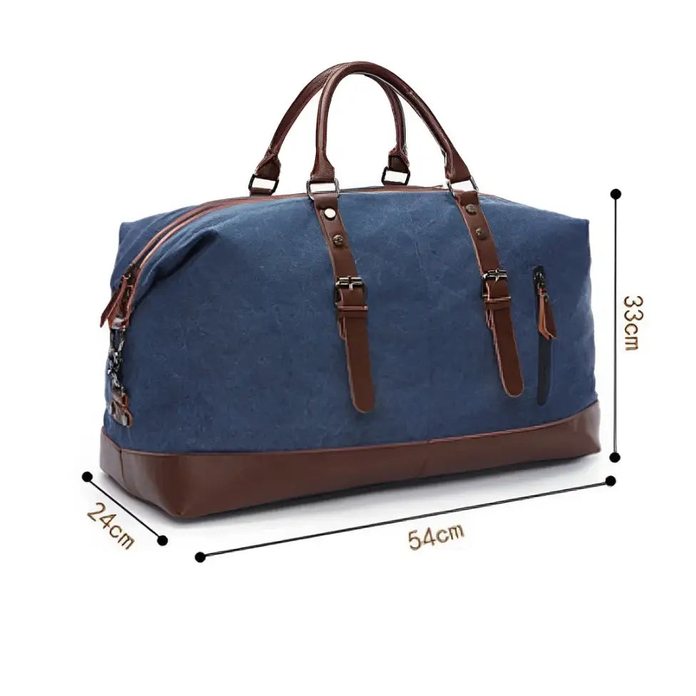 Sac de voyage en tissu Trekon avec duffel bleu et brun près d’une fenêtre