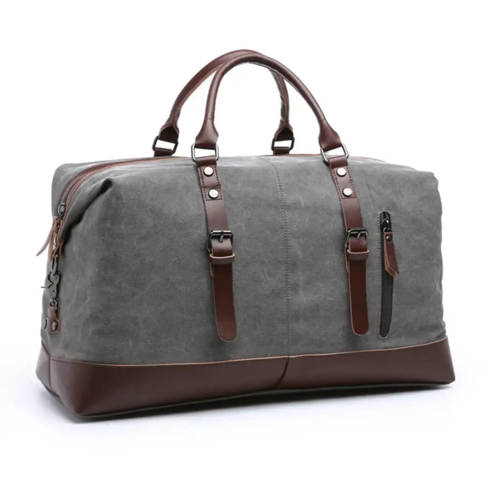 Sac de voyage en tissu Trekon avec sac en toile gris et accents en cuir brun