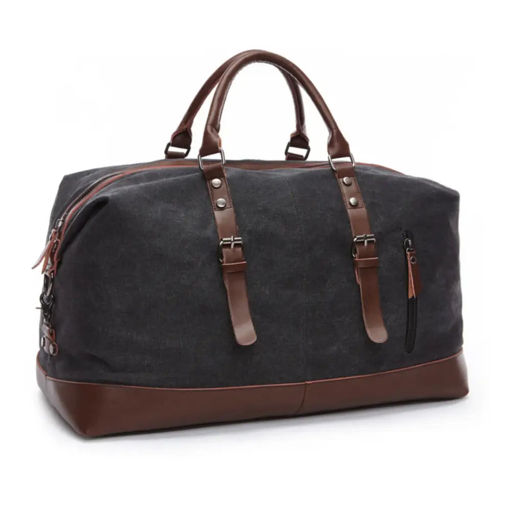 Sac de voyage en tissu Trekon avec grand sac noir en toile et accents en cuir marron
