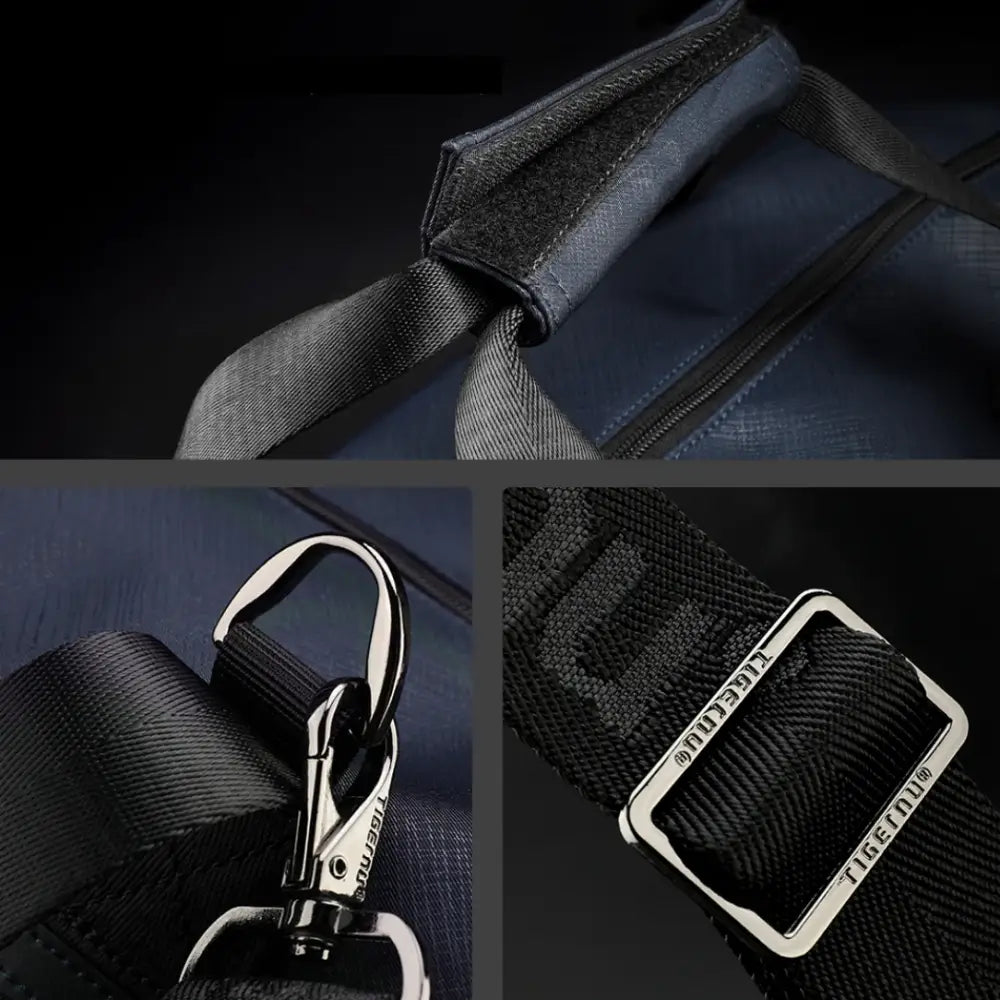 Détails du sac bleu.