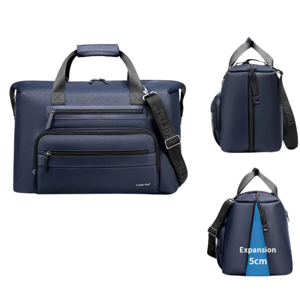Sac de sport bleu marine à compartiments multiples.