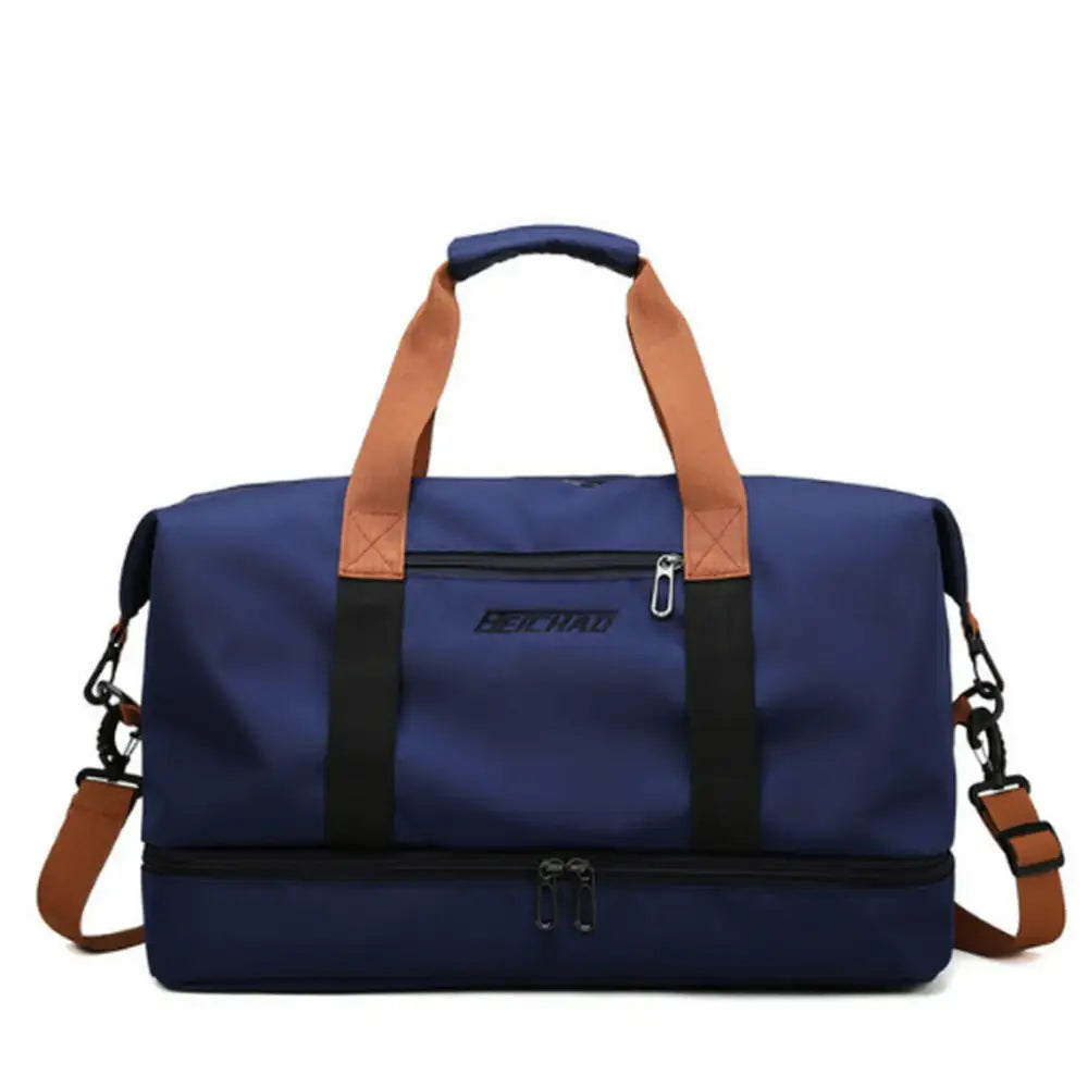 Sac de voyage pour weekend Beichao, sac bleu avec bretelles marron