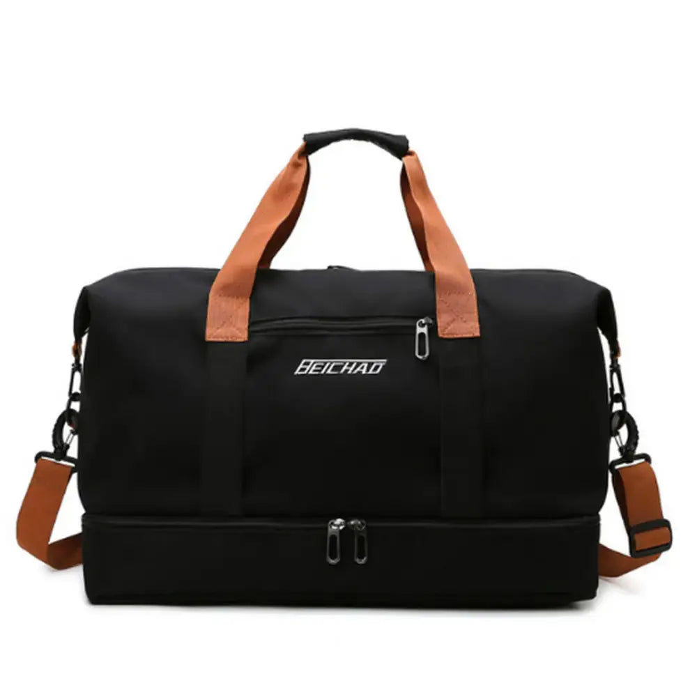 Sac de voyage pour weekend Beichao, sac de voyage noir avec bretelles marron