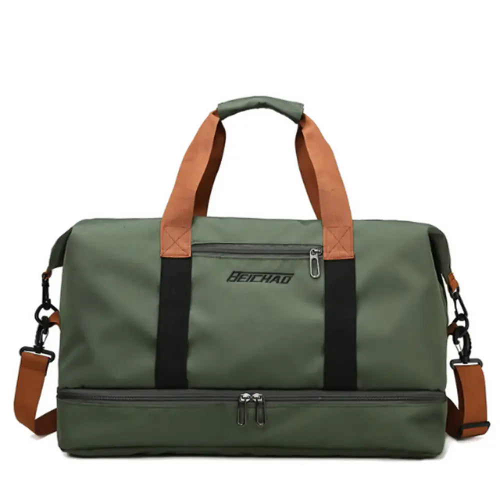 Sac de voyage pour weekend Beichao, sac vert avec bretelles marron