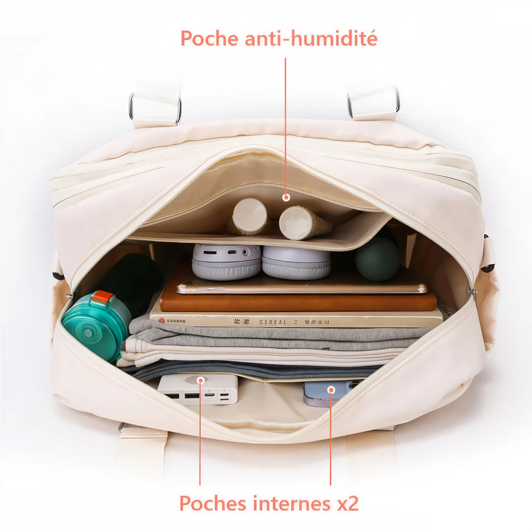 Sac de voyage extensible Mobella en beige avec compartiments intérieurs, valise souple