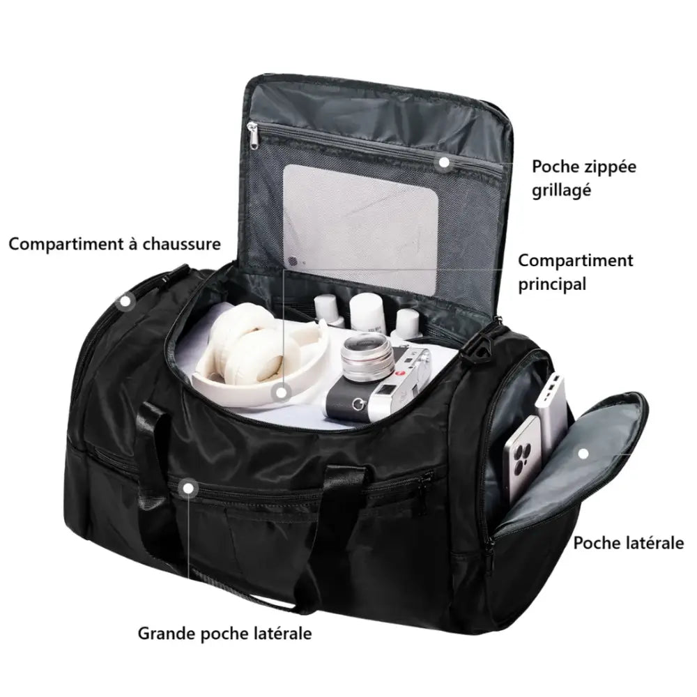 Sac de voyage XXL Cargo noir avec compartiments, idéal pour voyage XXL durable