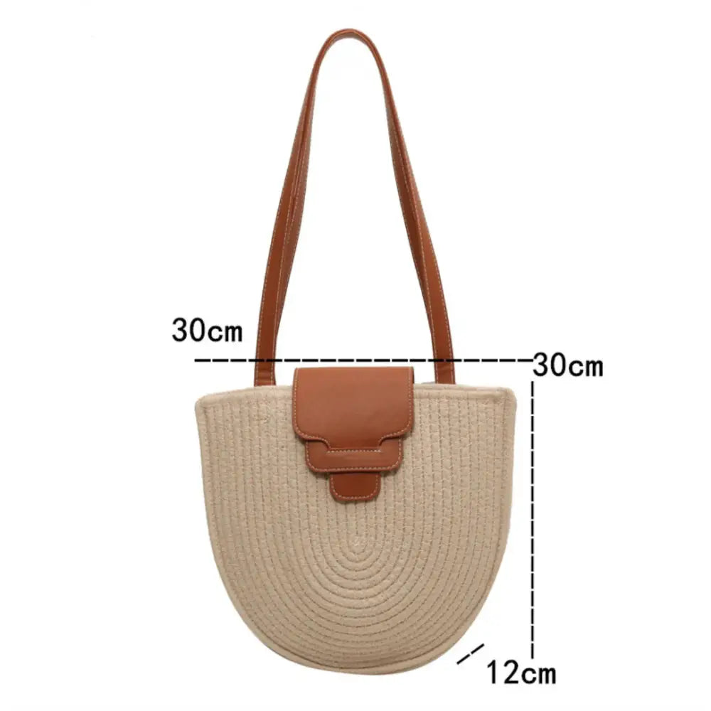 Sac demi lune de plage beige en paille avec accents en cuir marron Luna