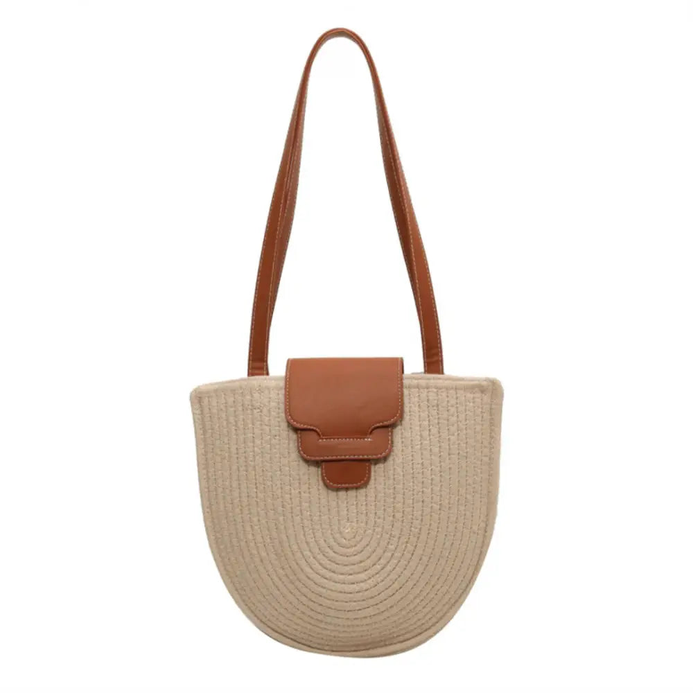 Sac demi lune de plage Luna avec beige paille et accents en cuir brun