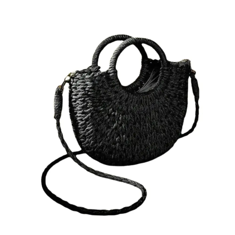 Sac demi lune en paille avec poignée et bandoulière, élégante sac demi lune