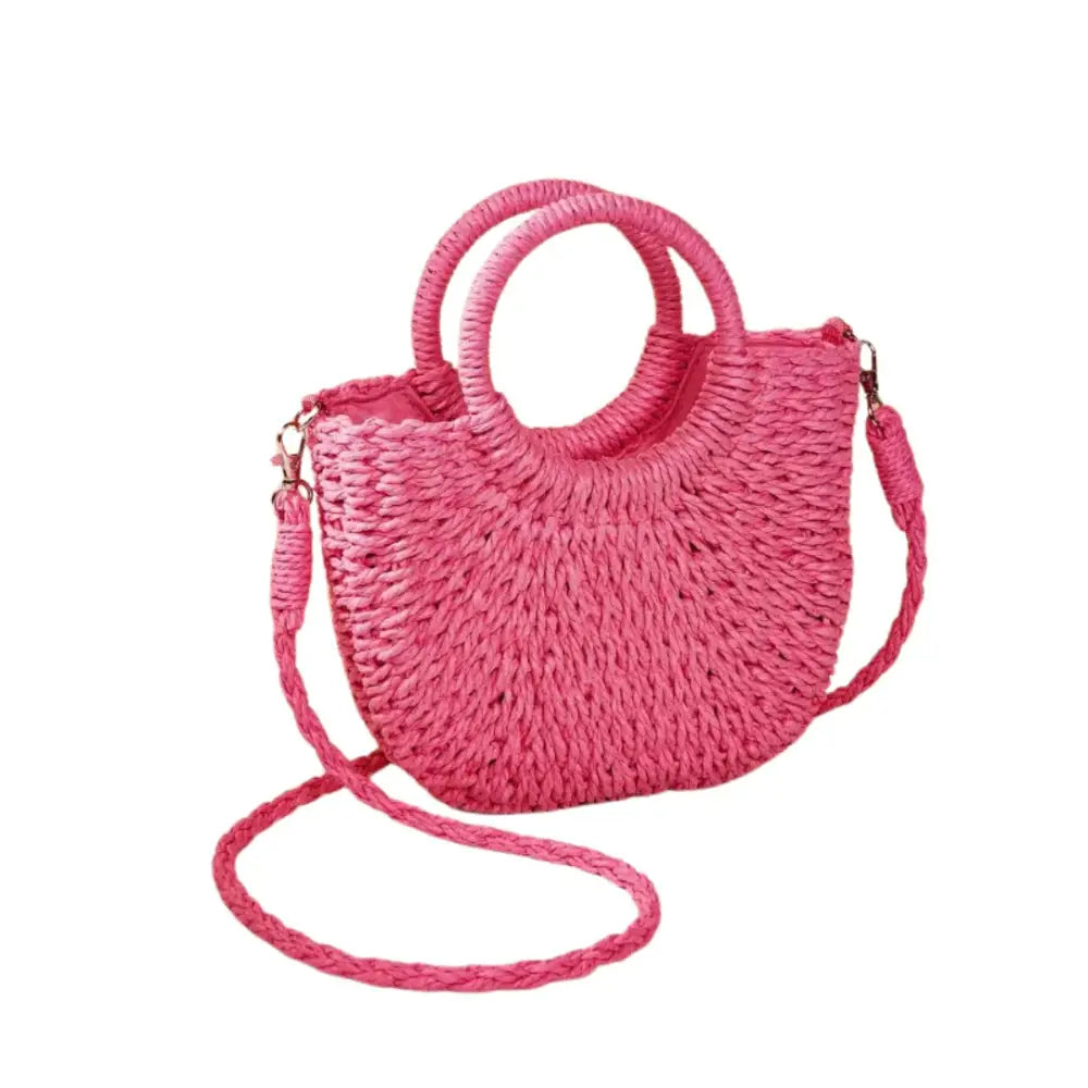 Sac demi lune en paille rose avec anses rondes et bandoulière, sac demi lune élégant
