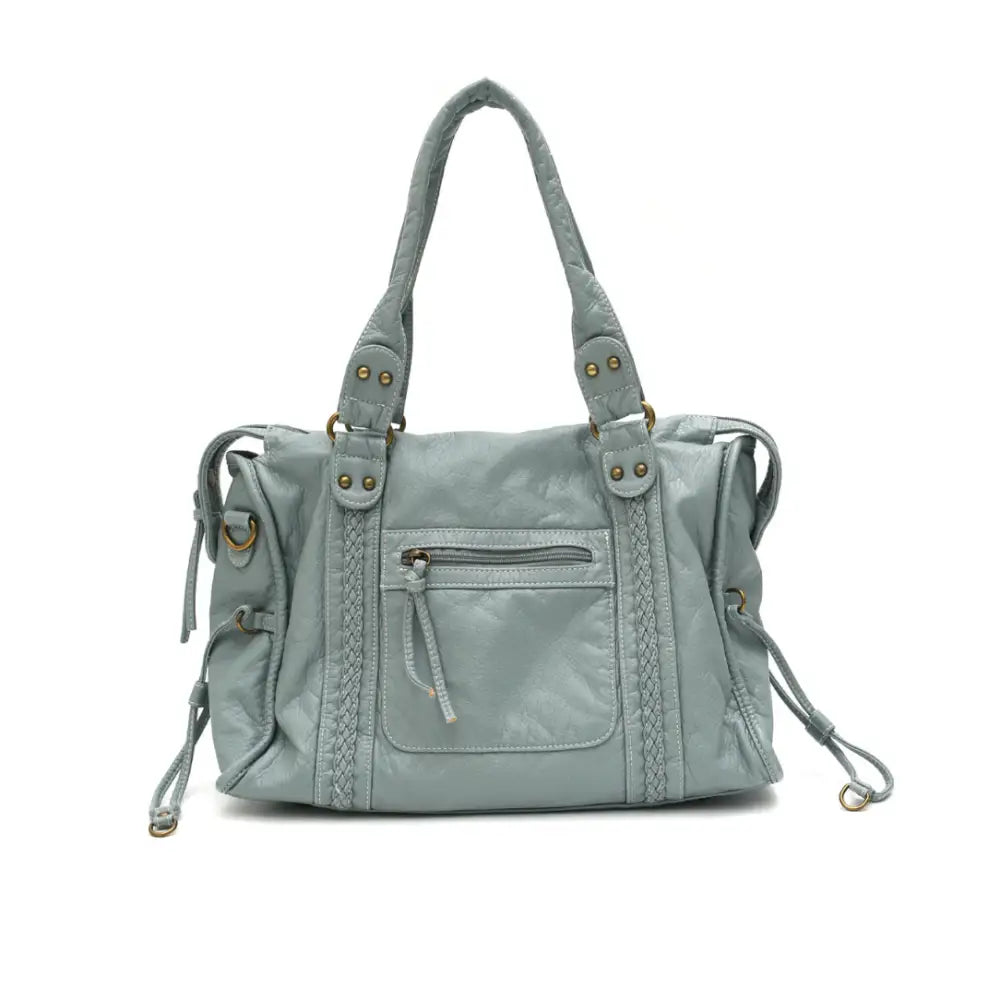 Sac en cuir vintage bleu clair avec style rétro, parfait pour un look élégant