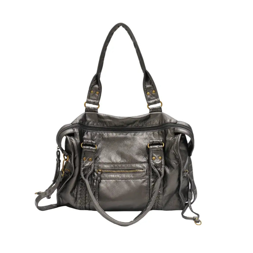 Sac en cuir vintage Klassi avec un sac à main en cuir gris métallique style rétro