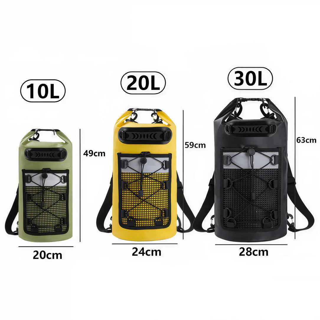 Trois sacs étanches DryPack 10-30 L de différentes tailles et couleurs pour toutes vos aventures
