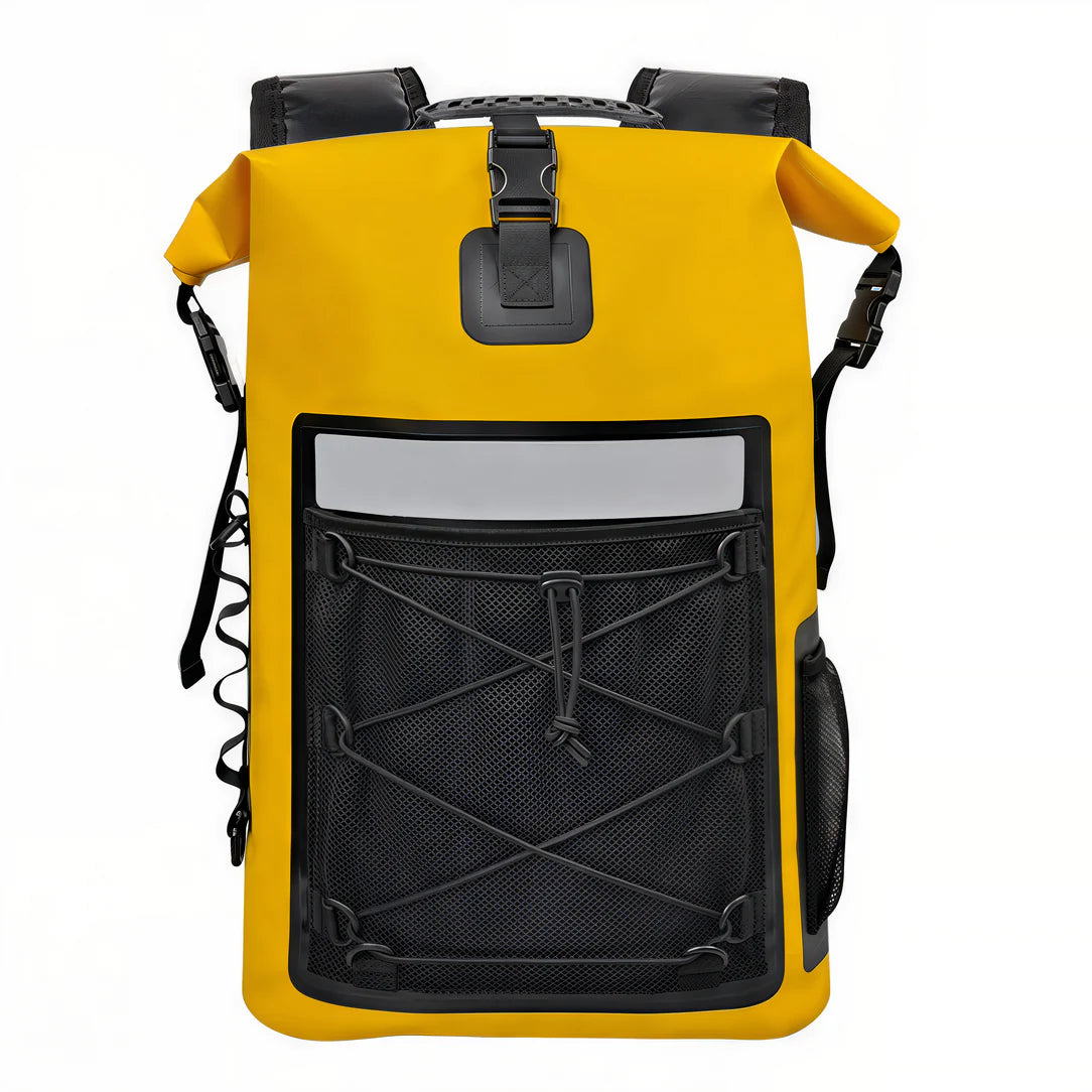 Sac étanche flottant 35L Océan Wave with yellow waterproof backpack and black accents