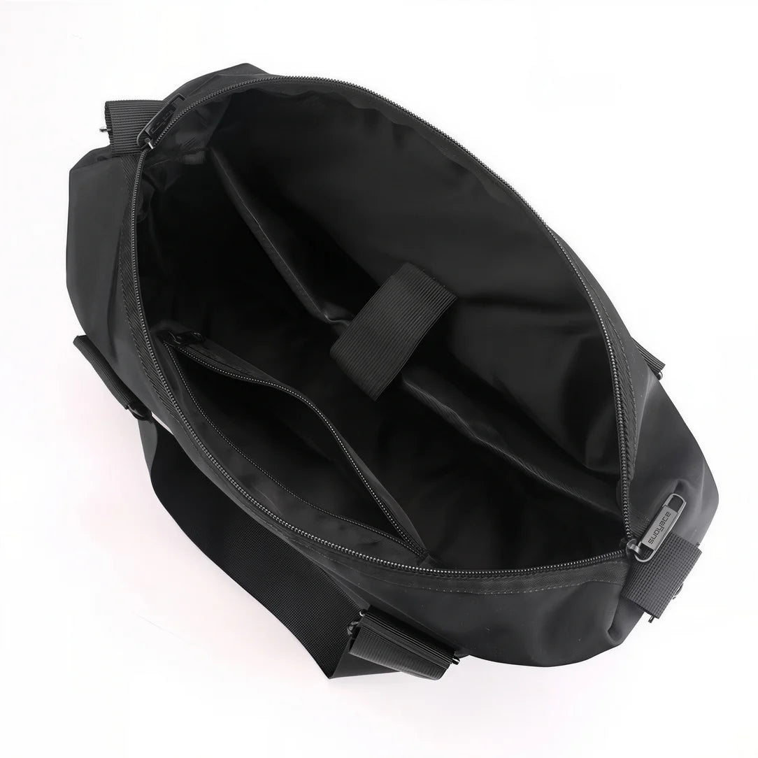 Sac femme nylon Nolka avec anses larges et bandoulière amovible, tote noir ouvert