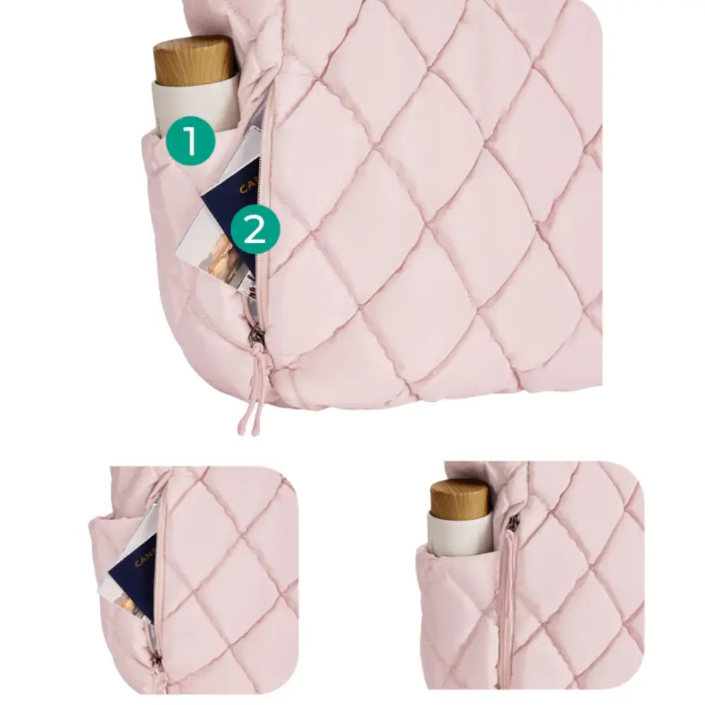 Oreiller de voyage matelassé rose avec poches dans le sac fourre tout June