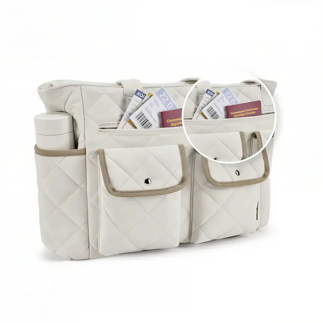 Sac fourre Tilda blanc matelassé avec multiples poches, idéal pour rythmes scolaires