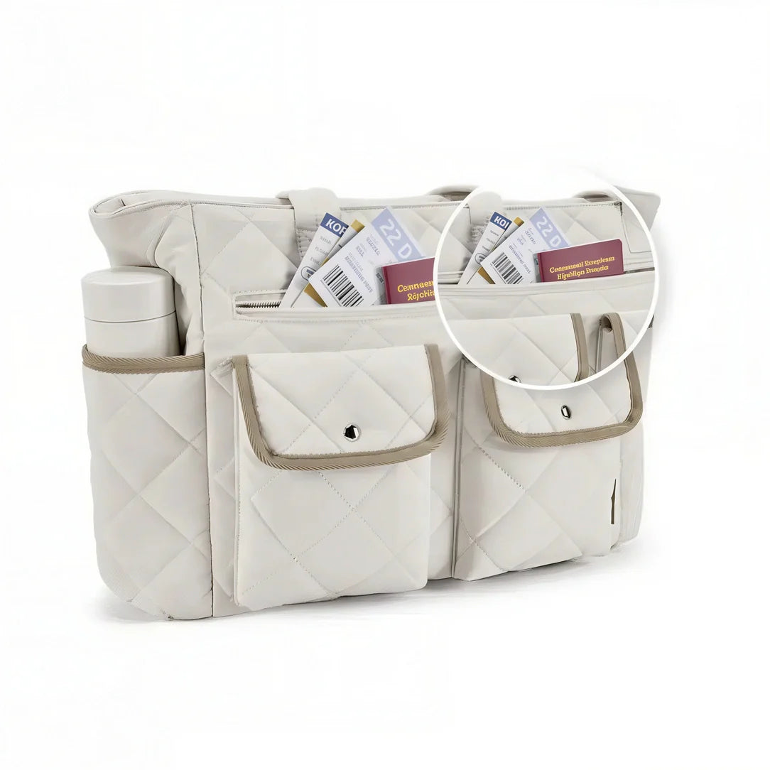 Sac fourre Tilda blanc matelassé avec multiples poches, idéal pour rythmes scolaires
