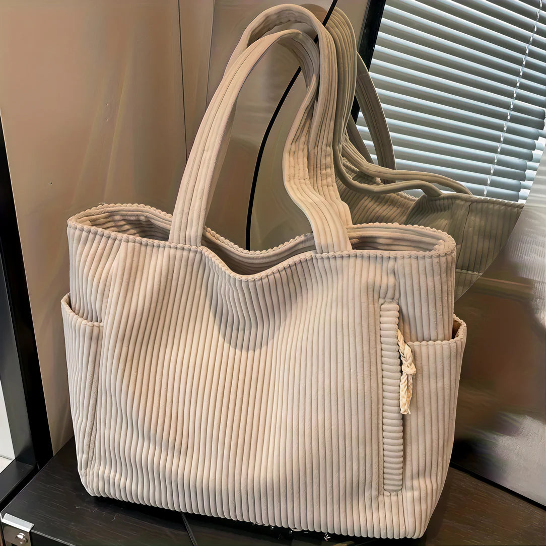 Sac fourre tout velours côtelé Dunevel en beige, style rétro et élégant