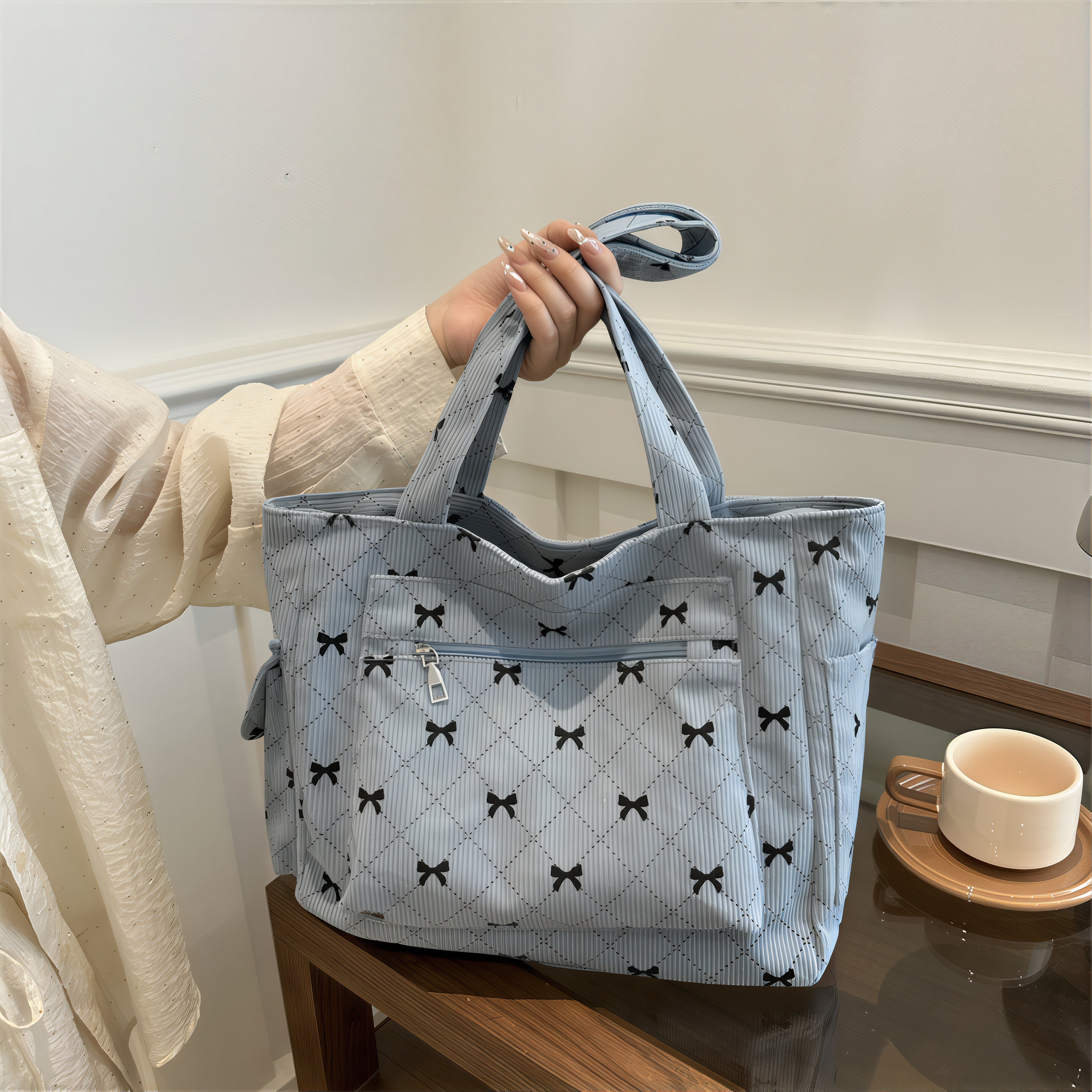 Sac motif nœud papillon en velours côtelé bleu clair, parfait pour un style élégant