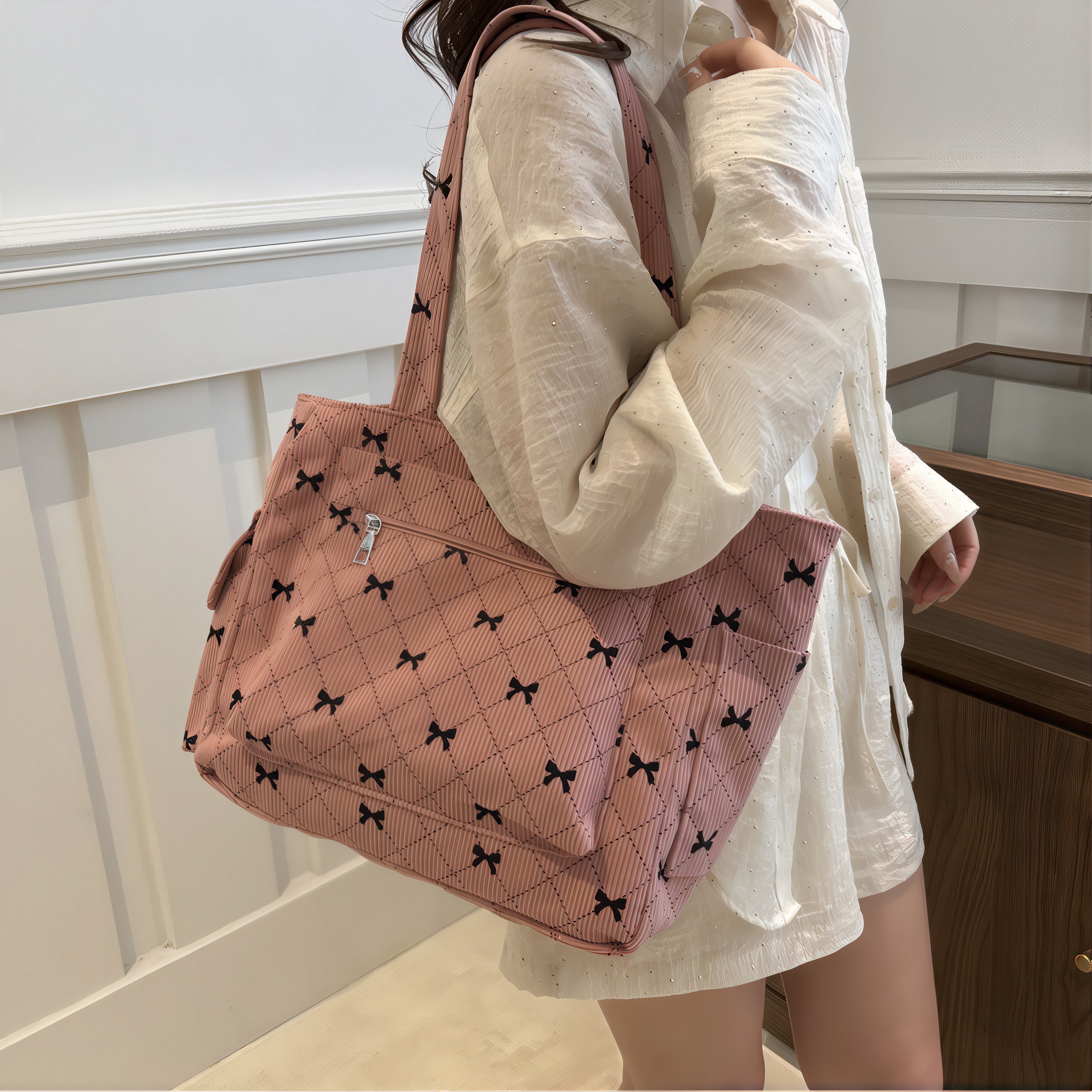 Sac motif nœud papillon en velours côtelé rose avec motif à nœuds papillon