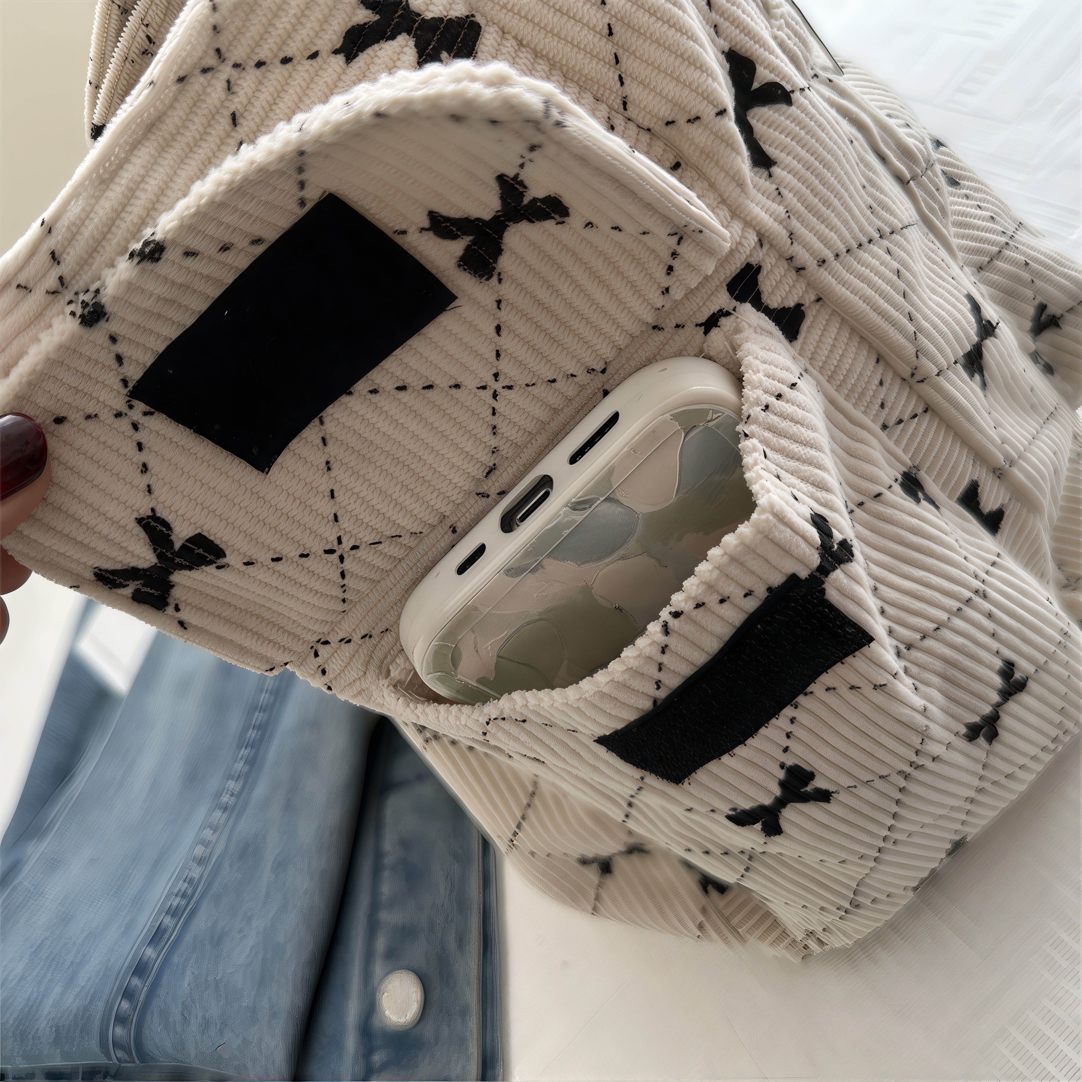 Sac motif nœud papillon en velours côtelé beige avec motif croix noir