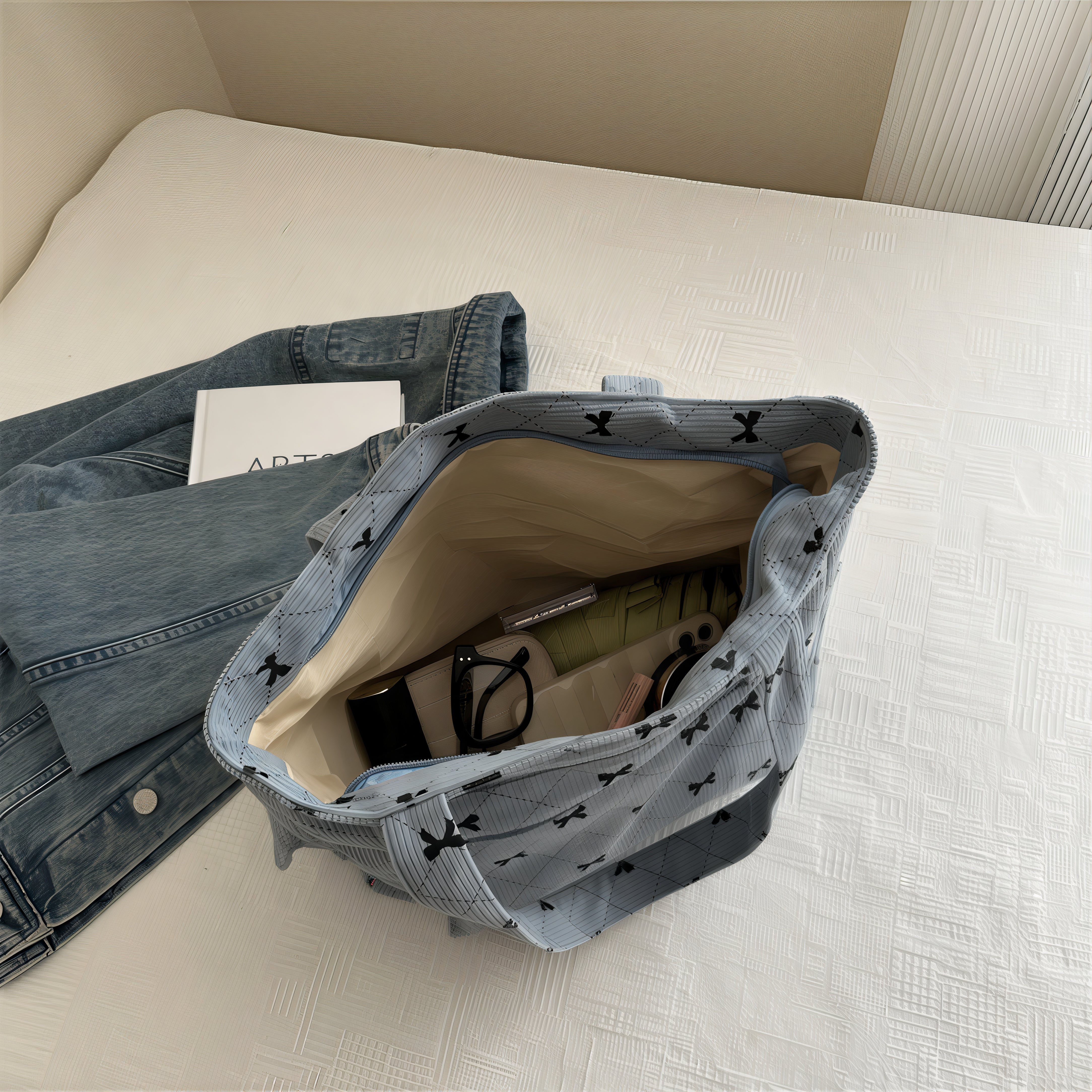 Sac motif nœud papillon en velours côtelé bleu, tote bag solidaire Beline