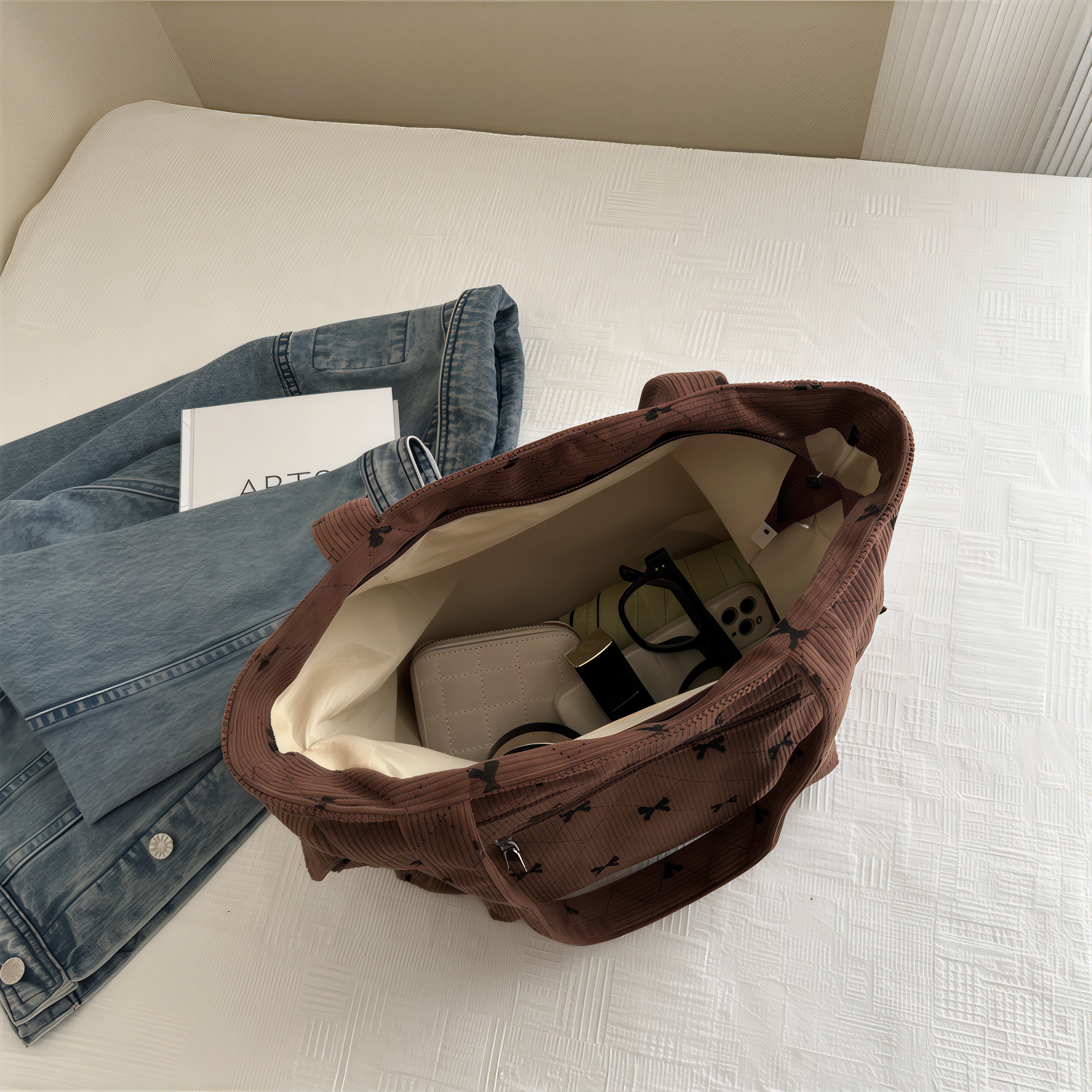 Sac motif nœud papillon en velours côtelé marron, élégant et tendance