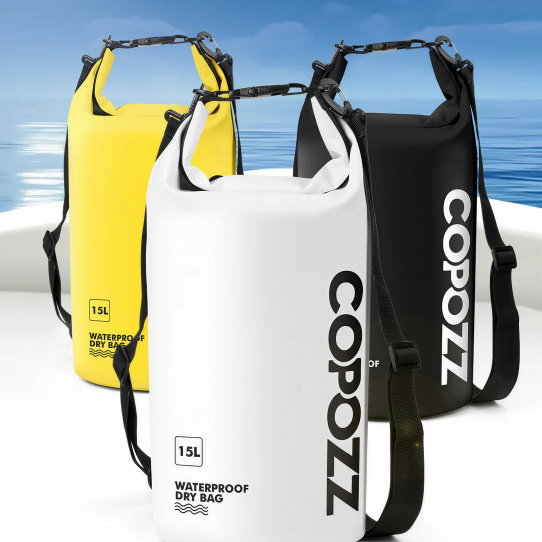Sac piscine étanche Copozz 15L en jaune, blanc et noir pour sports nautiques