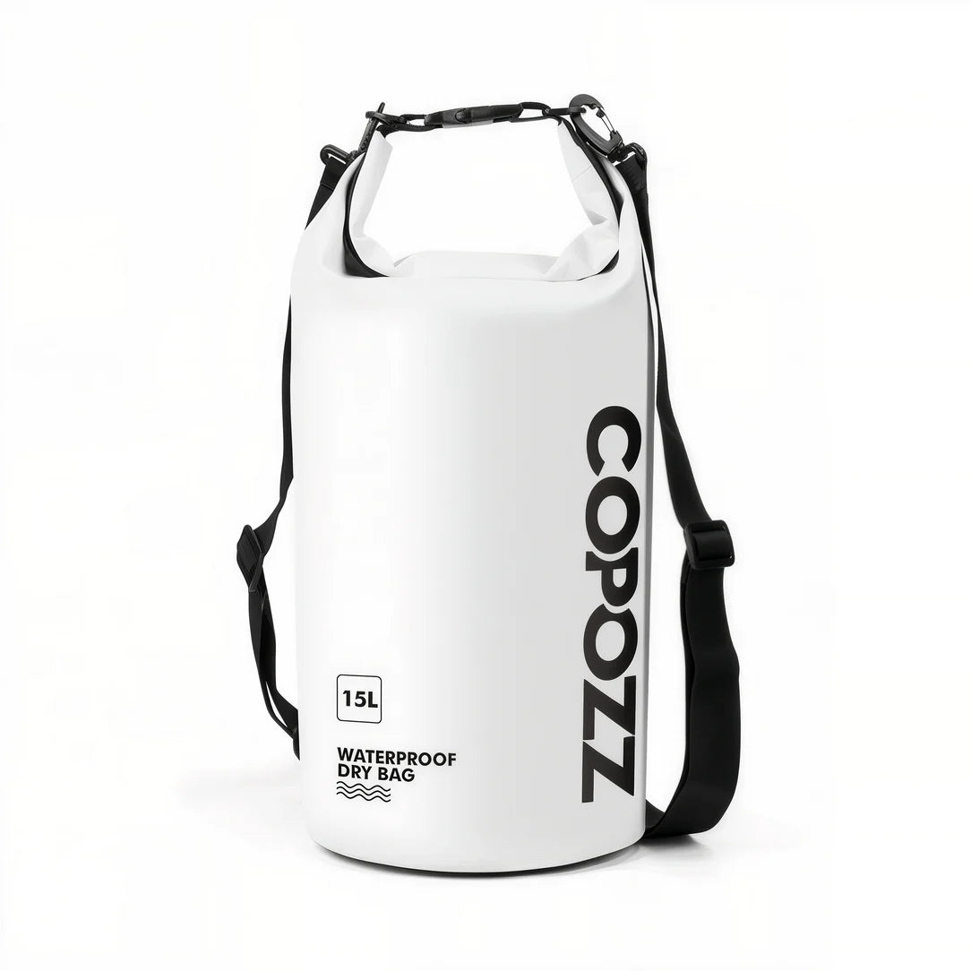 Sac piscine étanche Copozz 15L pour sports nautiques, dry bag waterproof blanc avec bandoulière noire