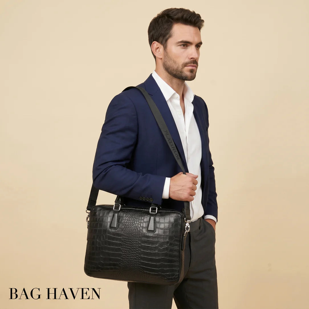 Sacoche ordinateur gaufré drayno en cuir noir texturé crocodile avec ferrures argentées pour ordinateur portable
